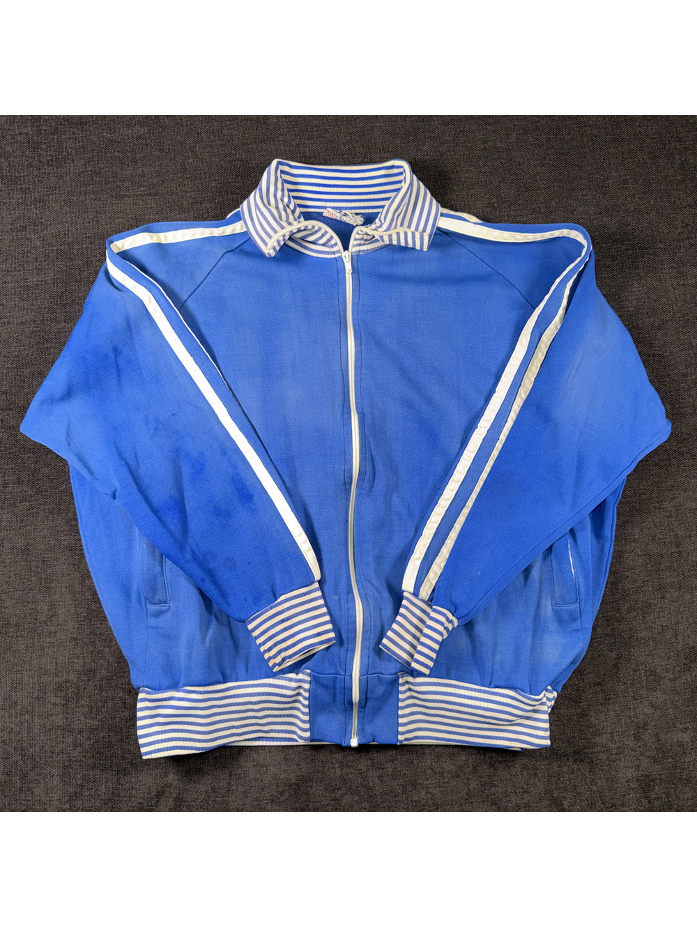 Vintage Fred Meyer Blue Nylon Cotton Track Jacket with Striped Collar and Cuffs